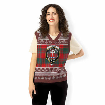 Cheyne Clan Tartan Christmas Knitted V-Neck Vest with Family Crest