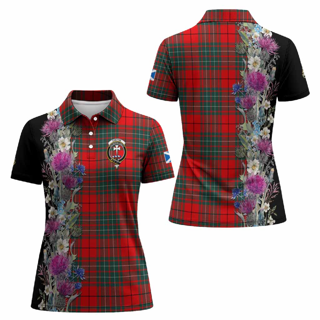 Cheyne Tartan Crest Thistle Floral Women Polo Shirt