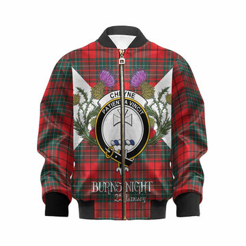 Cheyne Tartan Family Crest Kid Bomber Jacket Scottish Burns Night Thistle Floral