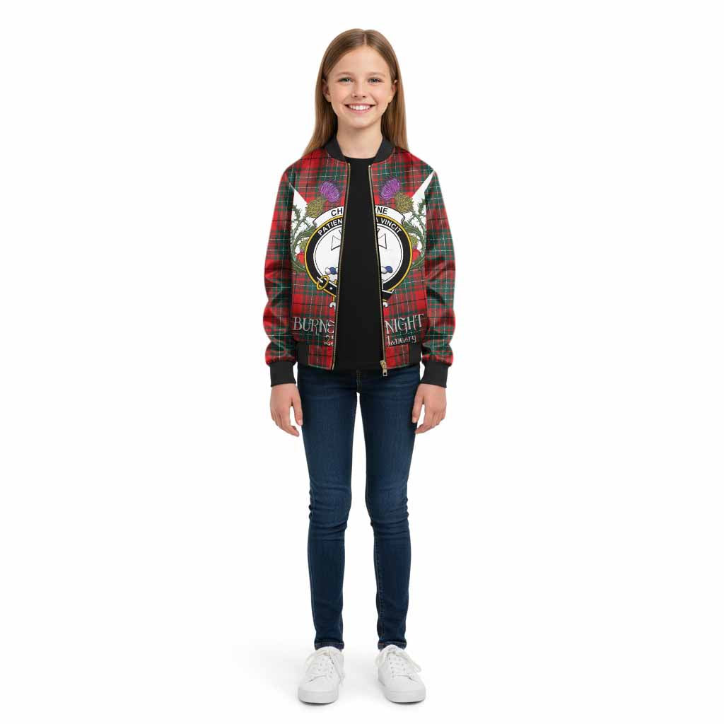 Cheyne Tartan Family Crest Kid Bomber Jacket Scottish Burns Night Thistle Floral