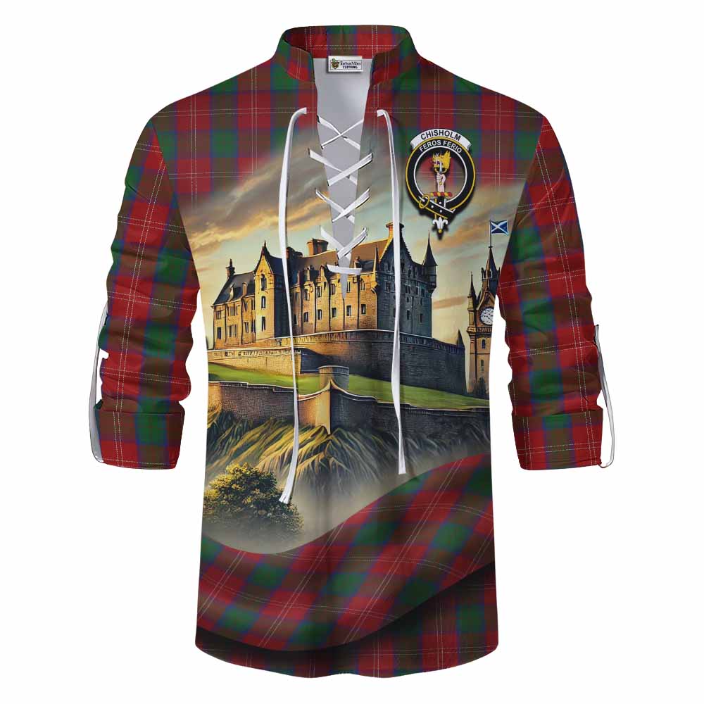 Tartan Vibes Clothing Chisholm Tartan Family Crest Ghillie Kilt Shirt with Scottish Ancient Castle Style