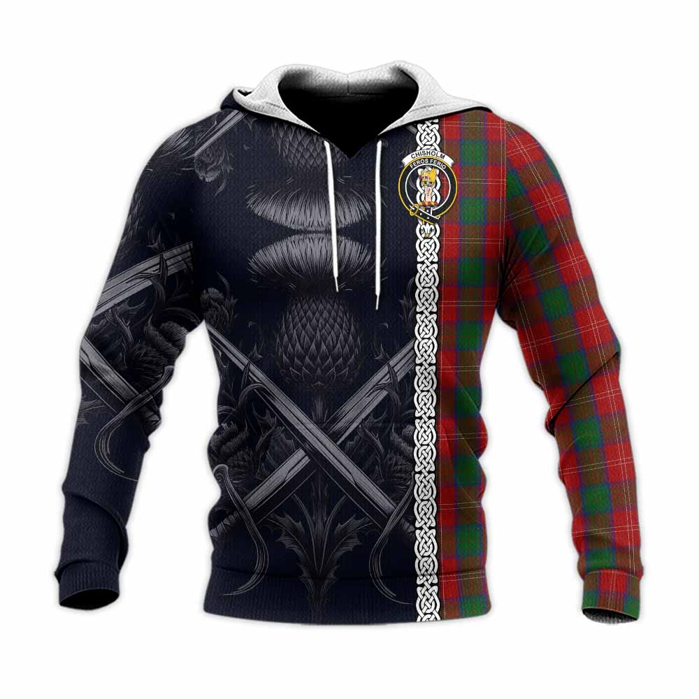 Tartan Vibes Clothing Chisholm Tartan Knitted Hoodie with Family Crest Cross Sword Thistle Celtic Vibes