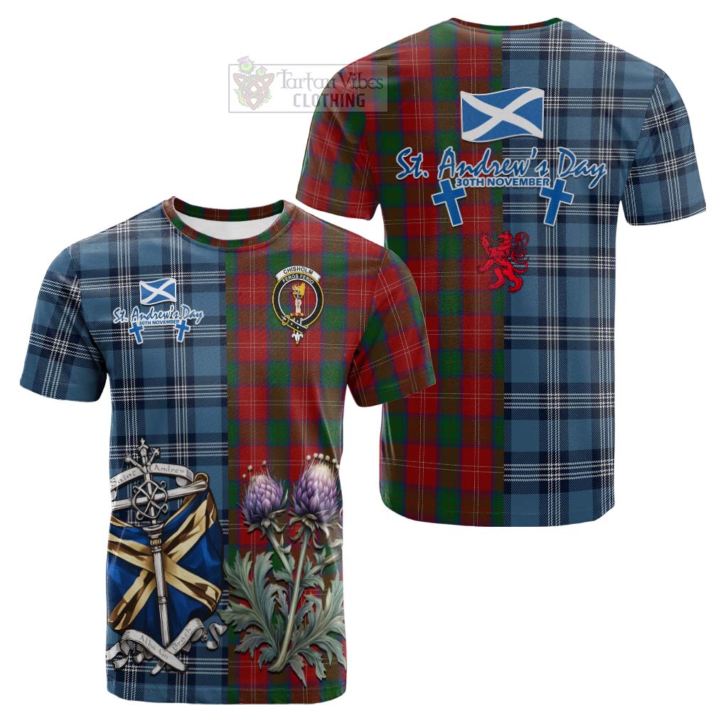 Tartan Vibes Clothing Chisholm Tartan Cotton T-shirt Happy St. Andrew's Day Half Tartan Style