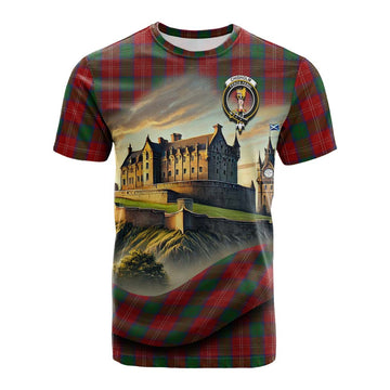 Chisholm Tartan Family Crest Cotton T-shirt with Scottish Ancient Castle Style