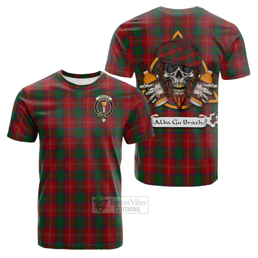 Tartan Vibes Clothing Chisholm Tartan Cotton T-shirt with Family Crest and Bearded Skull Holding Bottles of Whiskey