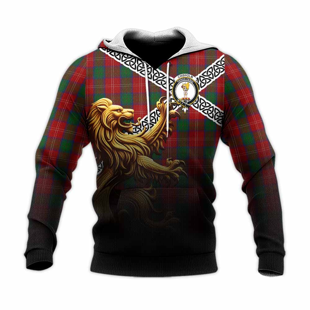 Tartan Vibes Clothing Chisholm Crest Tartan Knitted Hoodie with Golden Lion Emblem Celtic Style