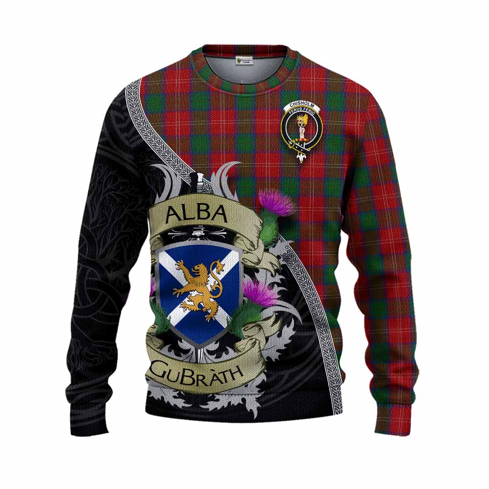 Tartan Vibes Clothing Chisholm Tartan Family Crest Knitted Sweater Lion Rampant Royal Thistle Shield Celtic Inspired