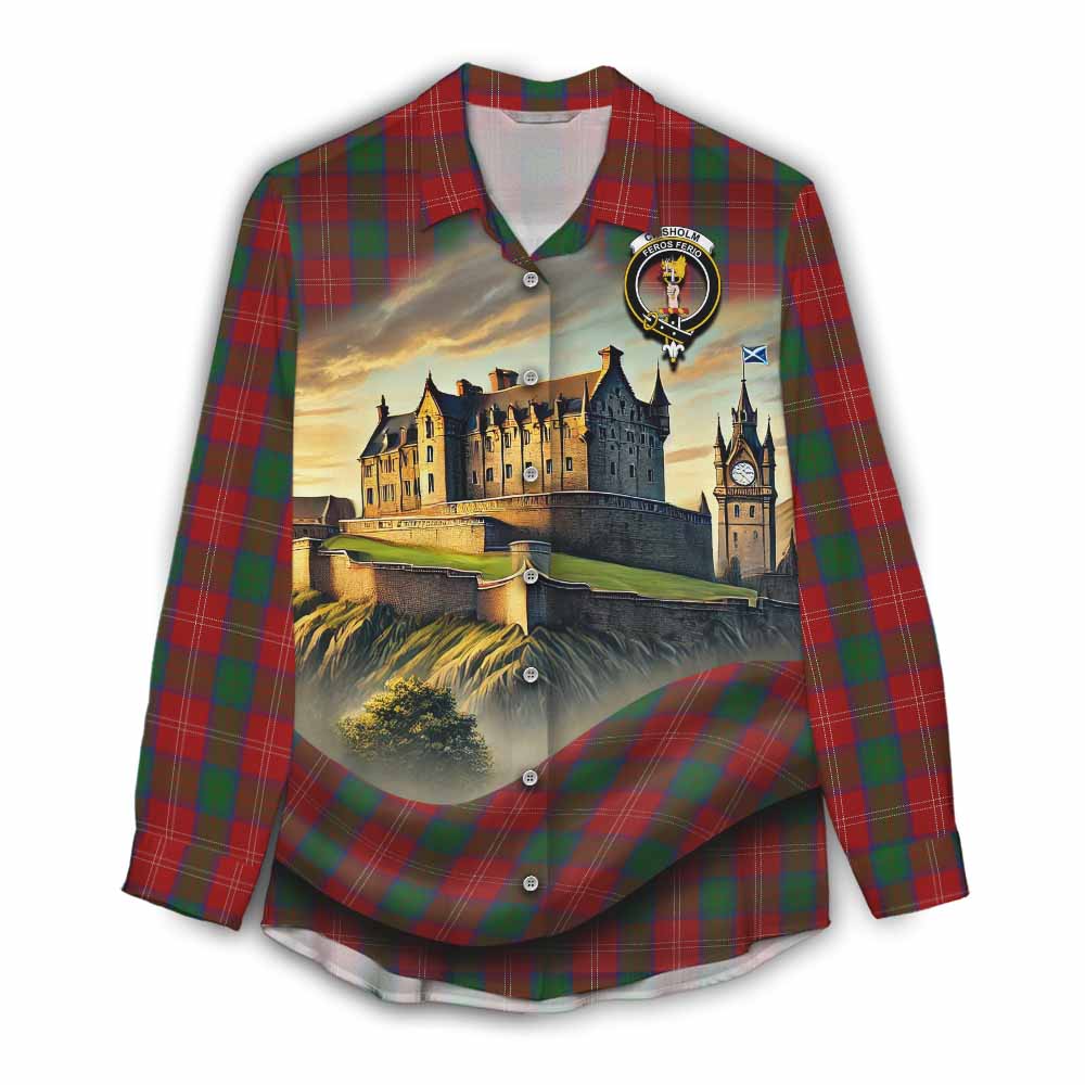 Tartan Vibes Clothing Chisholm Tartan Family Crest Women's Casual Shirt with Scottish Ancient Castle Style