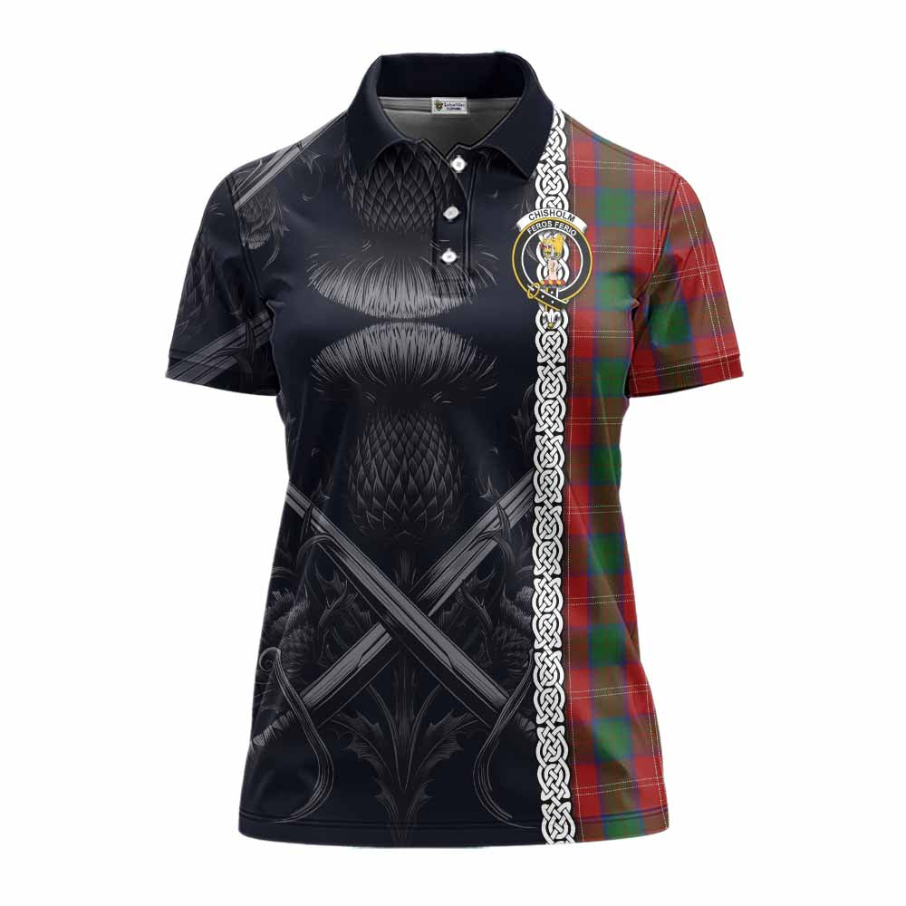 Tartan Vibes Clothing Chisholm Tartan Women's Polo Shirt with Family Crest Cross Sword Thistle Celtic Vibes