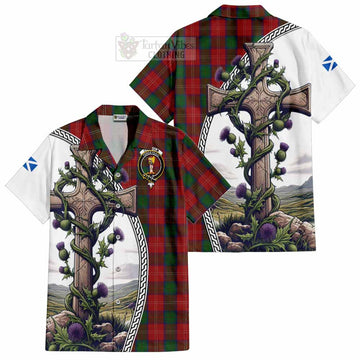 Chisholm Tartan Hawaiian Shirt with Family Crest and St. Andrew's Cross Accented by Thistle Vines