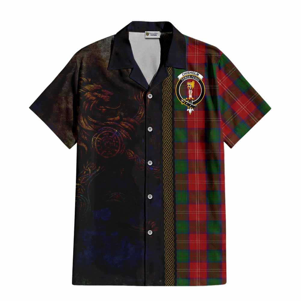 Tartan Vibes Clothing Chisholm Tartan Family Crest Short Sleeve Button Shirt Alba Gu Brath Be Brave Lion Ancient Style