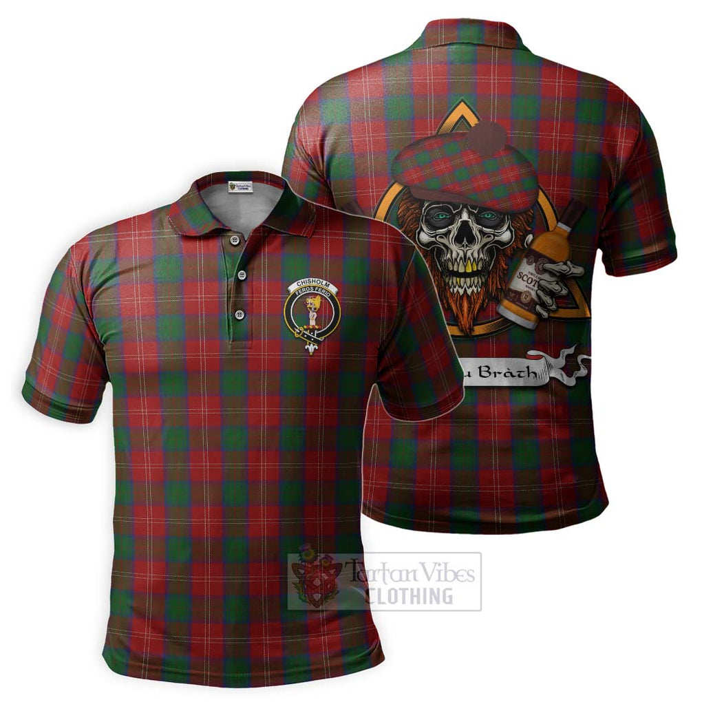 Tartan Vibes Clothing Chisholm Tartan Polo Shirt with Family Crest and Bearded Skull Holding Bottles of Whiskey