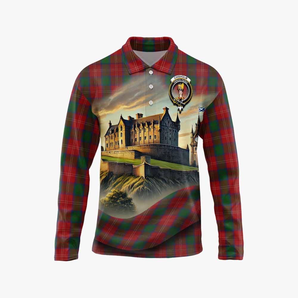 Tartan Vibes Clothing Chisholm Tartan Family Crest Long Sleeve Polo Shirt with Scottish Ancient Castle Style