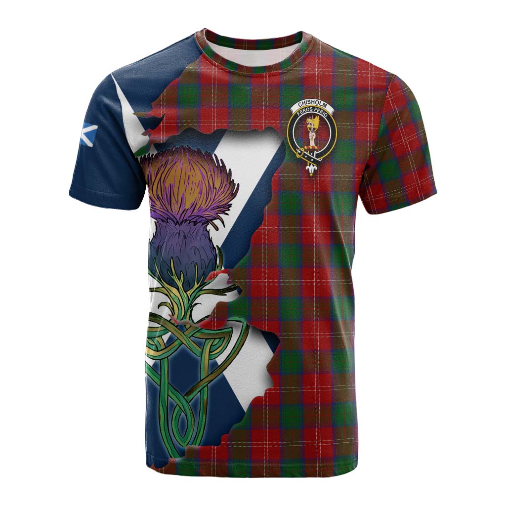 Tartan Vibes Clothing Chisholm Tartan Family Crest Cotton T-shirt Scottish Thistle Celtic Inspired