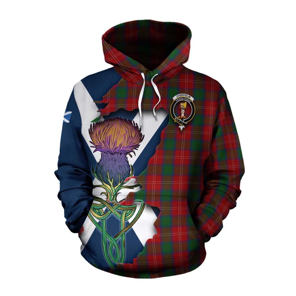 Tartan Vibes Clothing Chisholm Tartan Family Crest Cotton Hoodie Scottish Thistle Celtic Inspired