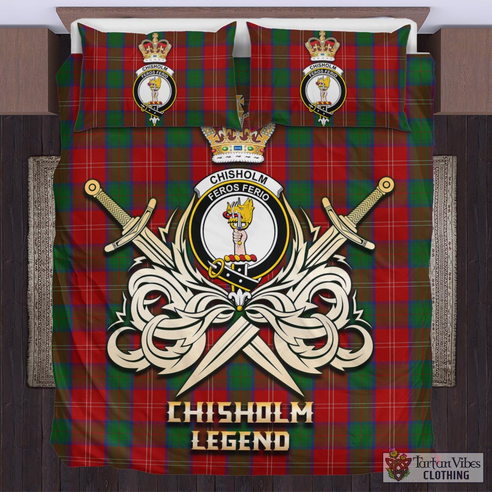Tartan Vibes Clothing Chisholm Tartan Bedding Set with Clan Crest and the Golden Sword of Courageous Legacy