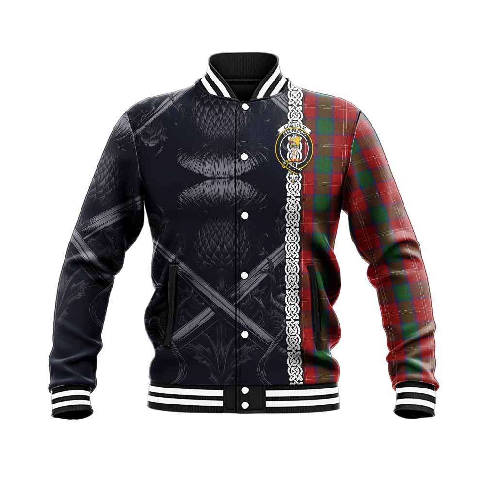 Tartan Vibes Clothing Chisholm Tartan Baseball Jacket with Family Crest Cross Sword Thistle Celtic Vibes