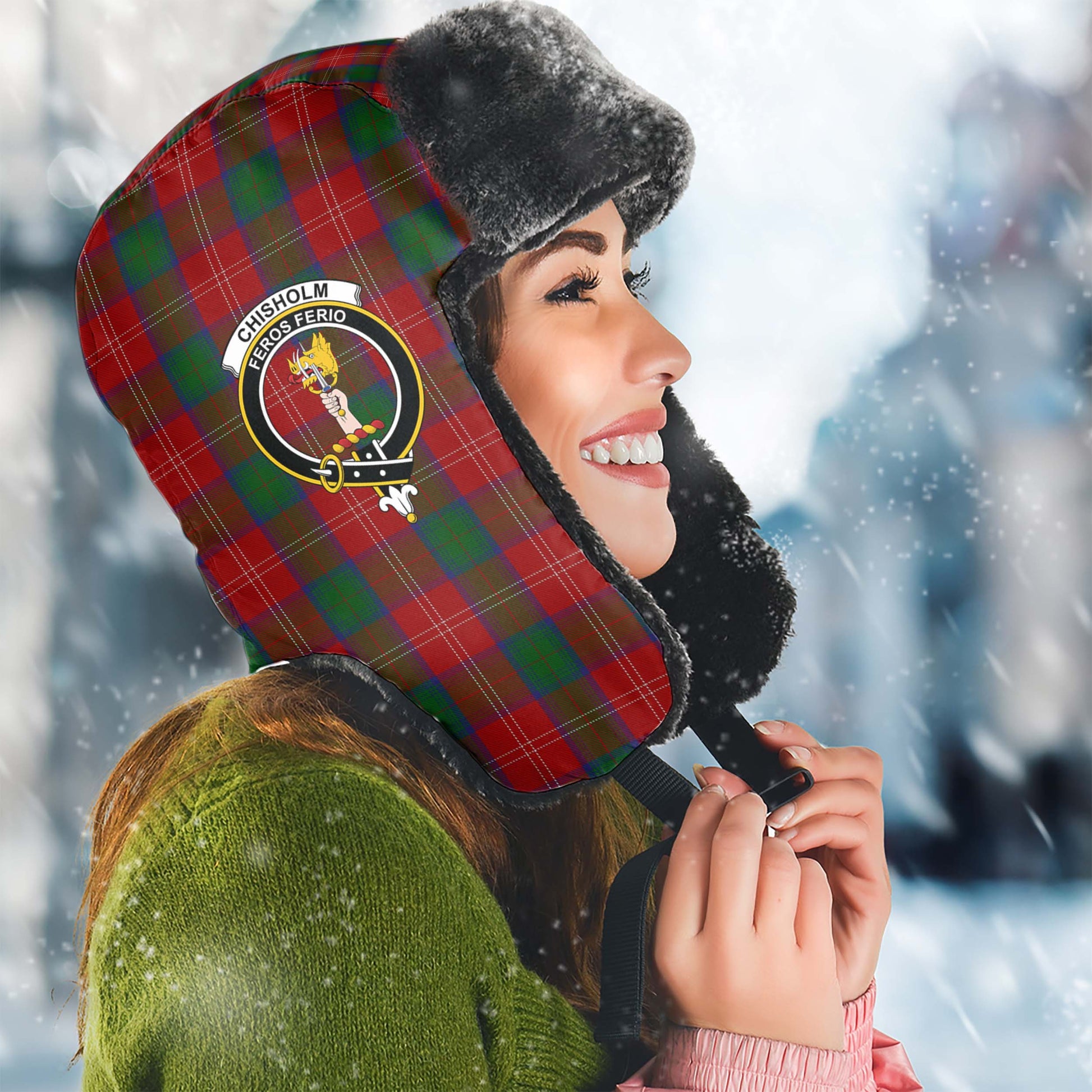 Chisholm Tartan Winter Trapper Hat with Family Crest Winter Trapper Hat Universal Fit Circumference 22.8in (58cm) - Tartanvibesclothing
