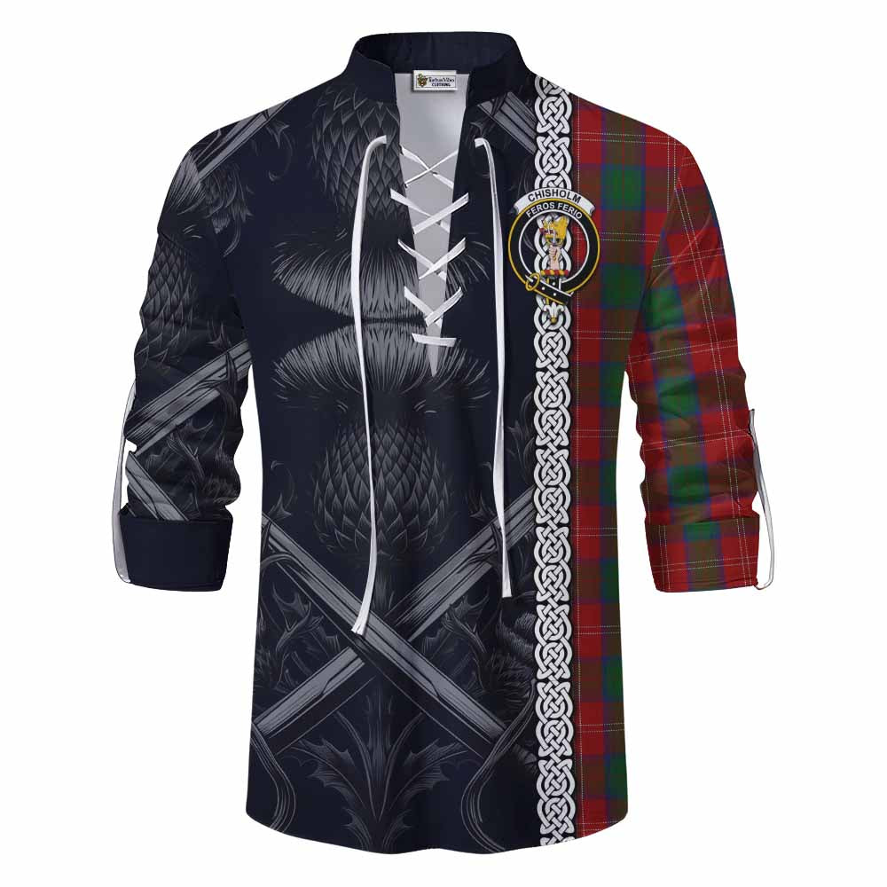 Tartan Vibes Clothing Chisholm Tartan Ghillie Kilt Shirt with Family Crest Cross Sword Thistle Celtic Vibes