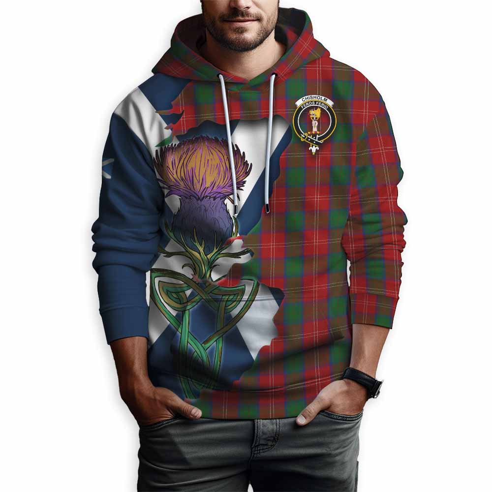 Tartan Vibes Clothing Chisholm Tartan Family Crest Hoodie Scottish Thistle Celtic Inspired