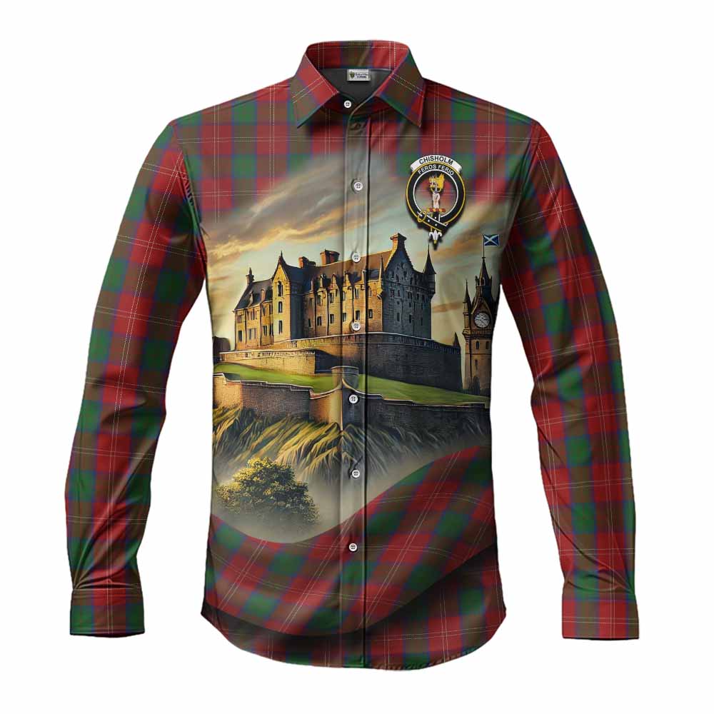 Tartan Vibes Clothing Chisholm Tartan Family Crest Long Sleeve Button Shirt with Scottish Ancient Castle Style