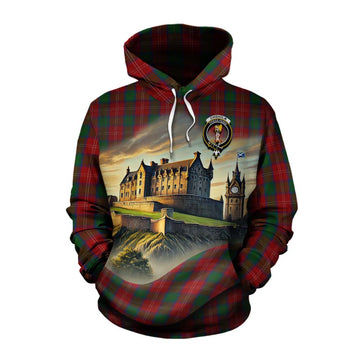Chisholm Tartan Family Crest Cotton Hoodie with Scottish Ancient Castle Style