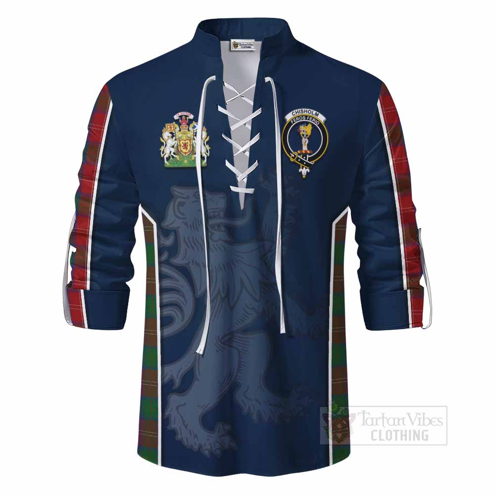 Tartan Vibes Clothing Chisholm Tartan Ghillie Kilt Shirt with Family Crest and Lion Rampant Vibes Sport Style
