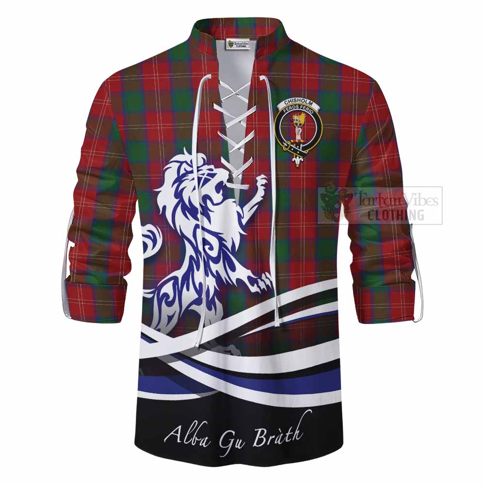 Tartan Vibes Clothing Chisholm Tartan Ghillie Kilt Shirt with Alba Gu Brath Regal Lion Emblem