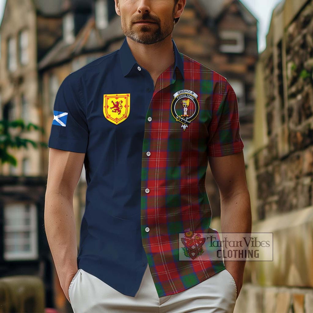 Tartan Vibes Clothing Chisholm Tartan Short Sleeve Button Shirt with Scottish Lion Royal Arm Half Style