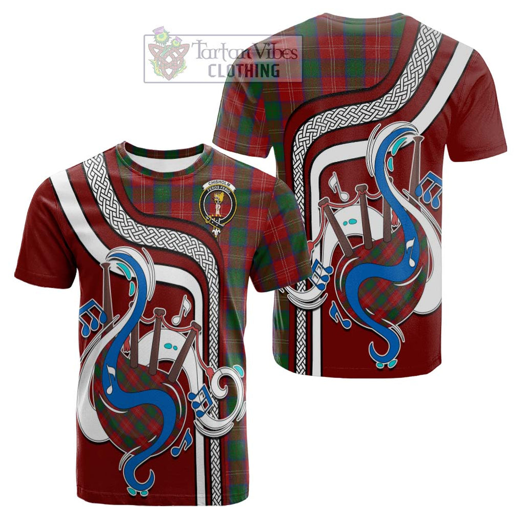 Tartan Vibes Clothing Chisholm Tartan Cotton T-shirt with Epic Bagpipe Style