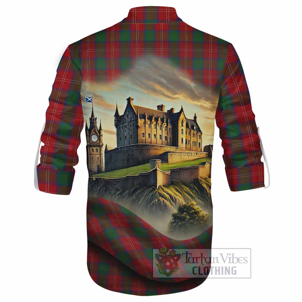 Tartan Vibes Clothing Chisholm Tartan Family Crest Ghillie Kilt Shirt with Scottish Ancient Castle Style