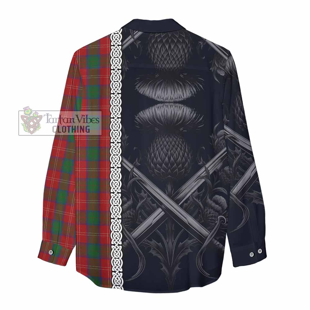 Tartan Vibes Clothing Chisholm Tartan Women's Casual Shirt with Family Crest Cross Sword Thistle Celtic Vibes