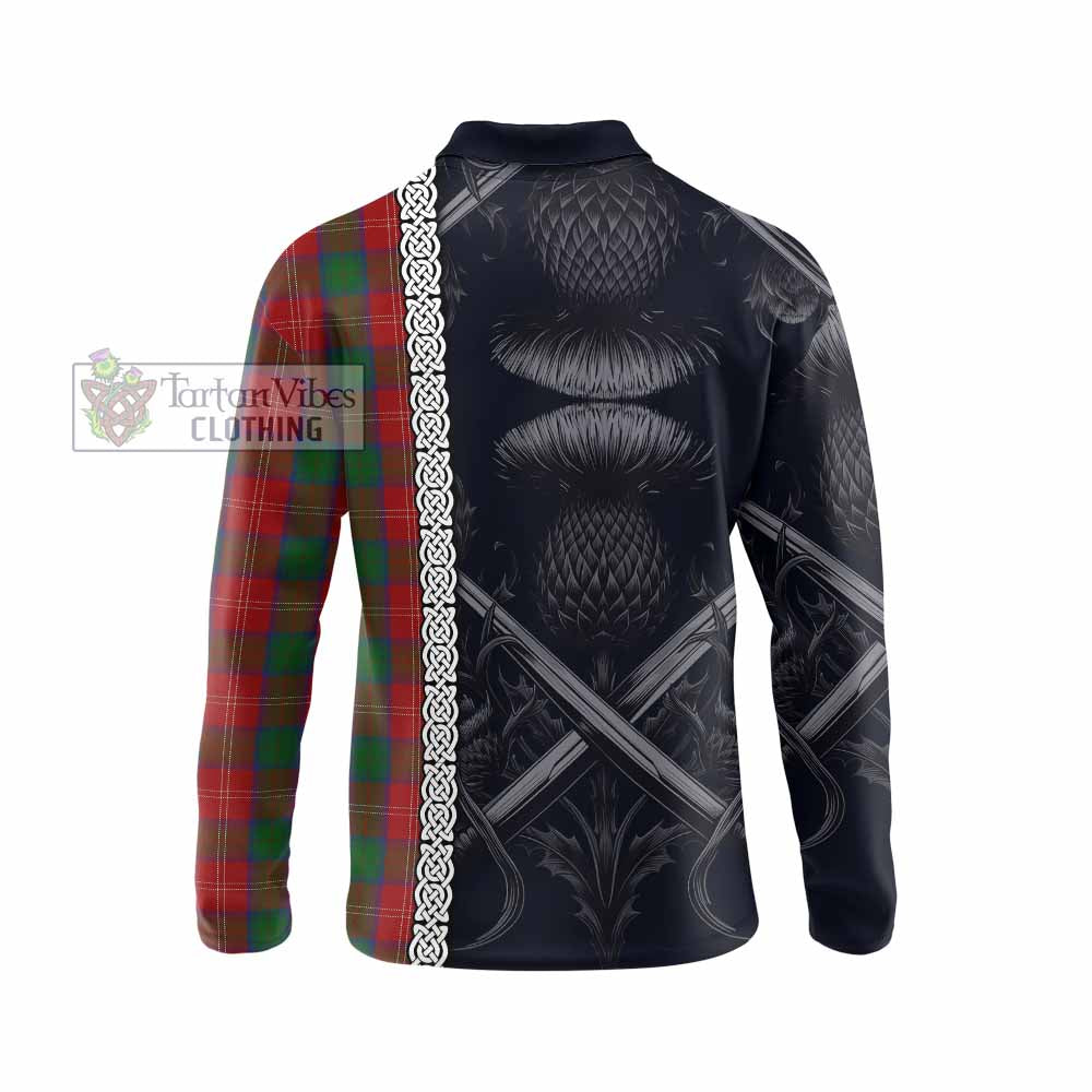 Tartan Vibes Clothing Chisholm Tartan Long Sleeve Polo Shirt with Family Crest Cross Sword Thistle Celtic Vibes