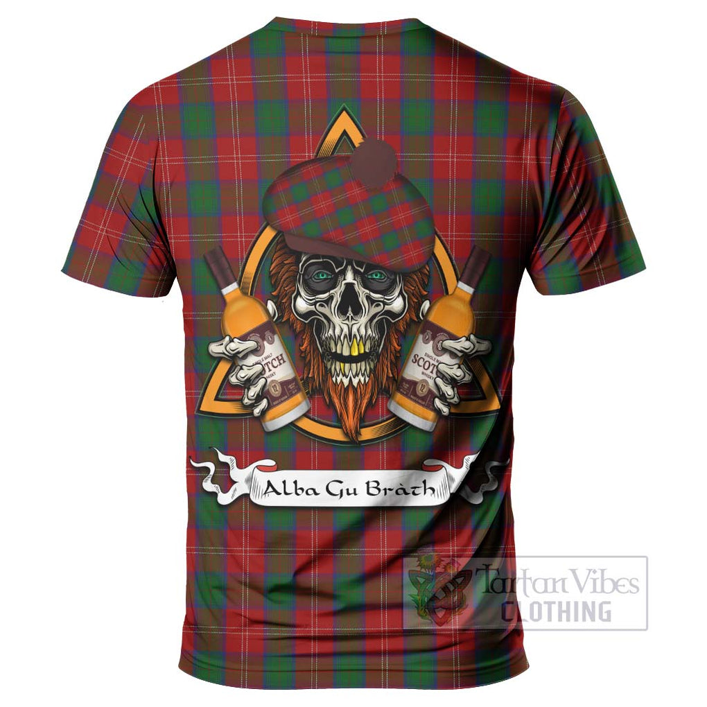 Tartan Vibes Clothing Chisholm Tartan T-Shirt with Family Crest and Bearded Skull Holding Bottles of Whiskey