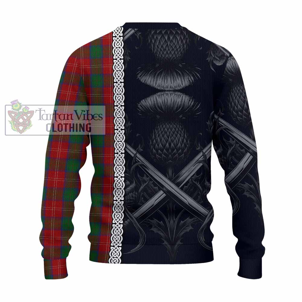 Tartan Vibes Clothing Chisholm Tartan Knitted Sweater with Family Crest Cross Sword Thistle Celtic Vibes