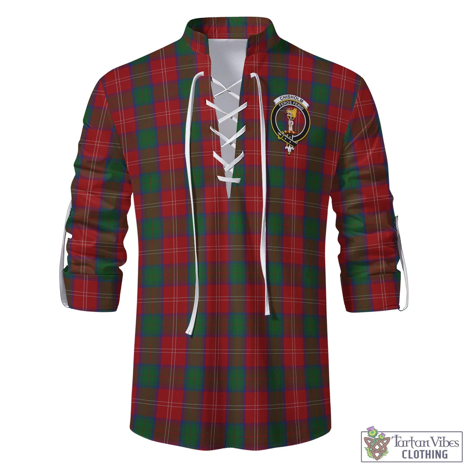 Tartan Vibes Clothing Chisholm Tartan Men's Scottish Traditional Jacobite Ghillie Kilt Shirt with Family Crest