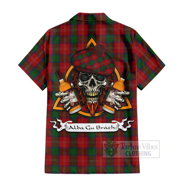 Chisholm Tartan Hawaiian Shirt with Family Crest and Bearded Skull Holding Bottles of Whiskey