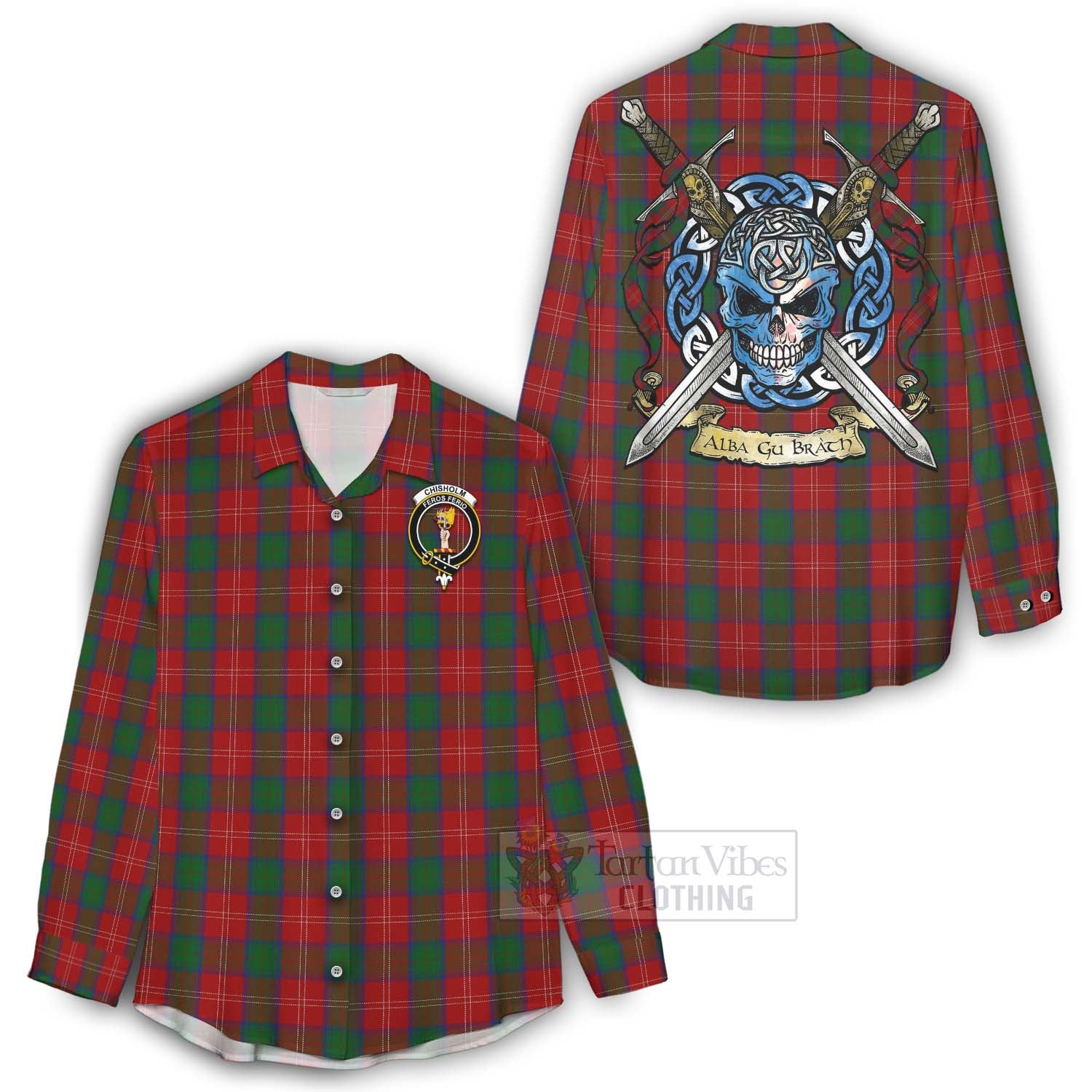 Tartan Vibes Clothing Chisholm Tartan Women's Casual Shirt with Family Crest Celtic Skull Style