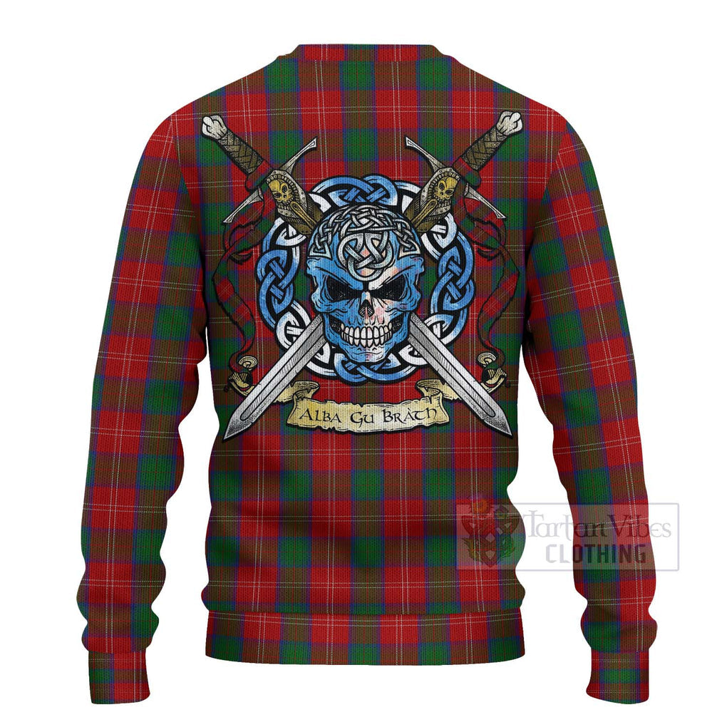 Tartan Vibes Clothing Chisholm Tartan Knitted Sweater with Family Crest Celtic Skull Style