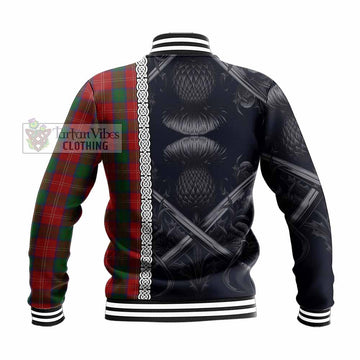 Tartan Vibes Clothing Chisholm Tartan Baseball Jacket with Family Crest Cross Sword Thistle Celtic Vibes