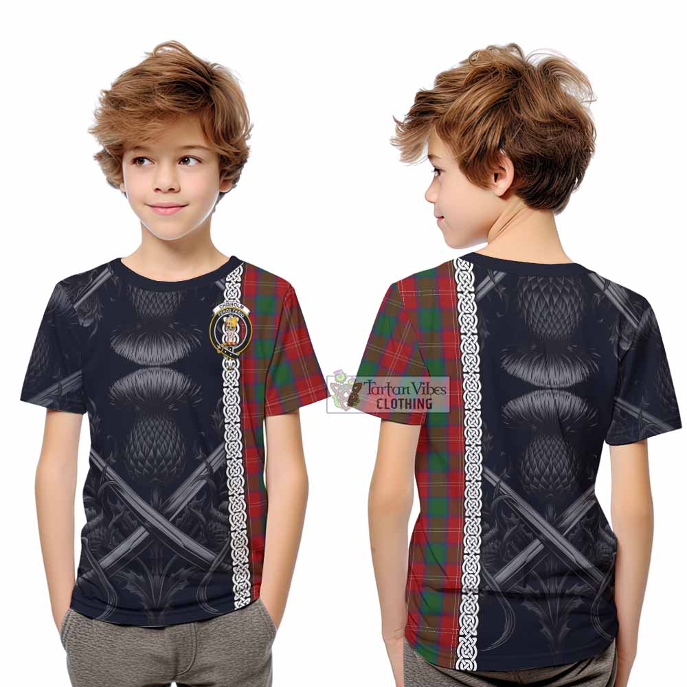 Tartan Vibes Clothing Chisholm Tartan Kid T-Shirt with Family Crest Cross Sword Thistle Celtic Vibes
