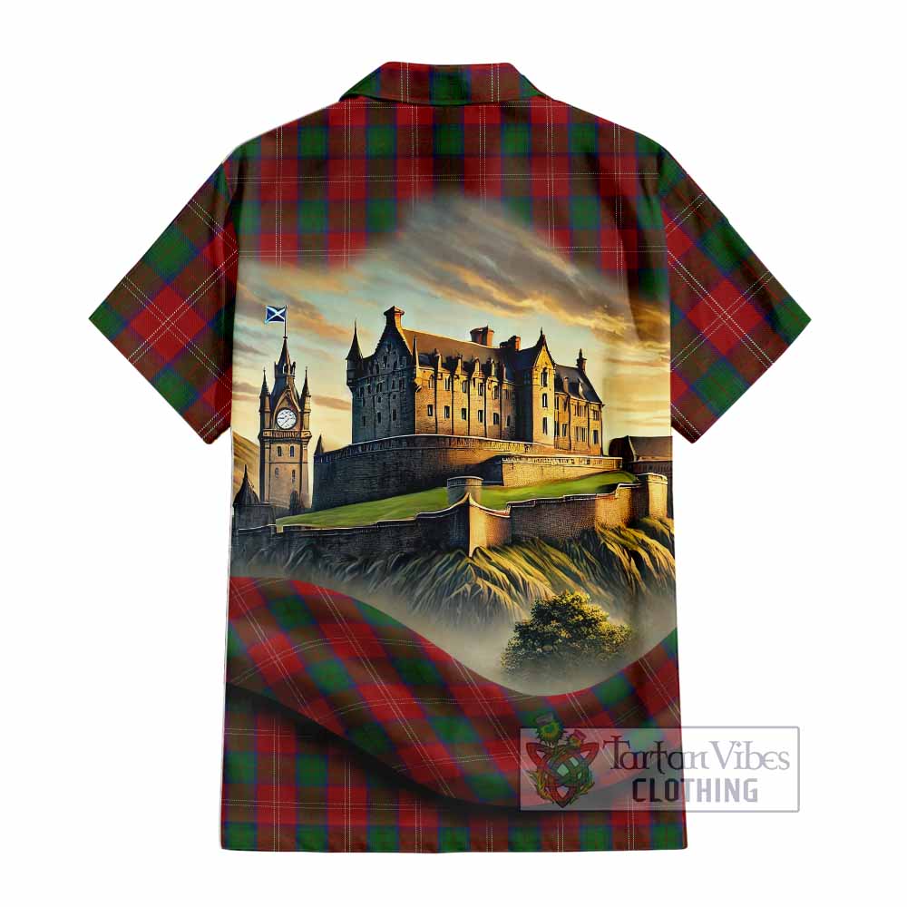 Tartan Vibes Clothing Chisholm Tartan Family Crest Short Sleeve Button Shirt with Scottish Ancient Castle Style