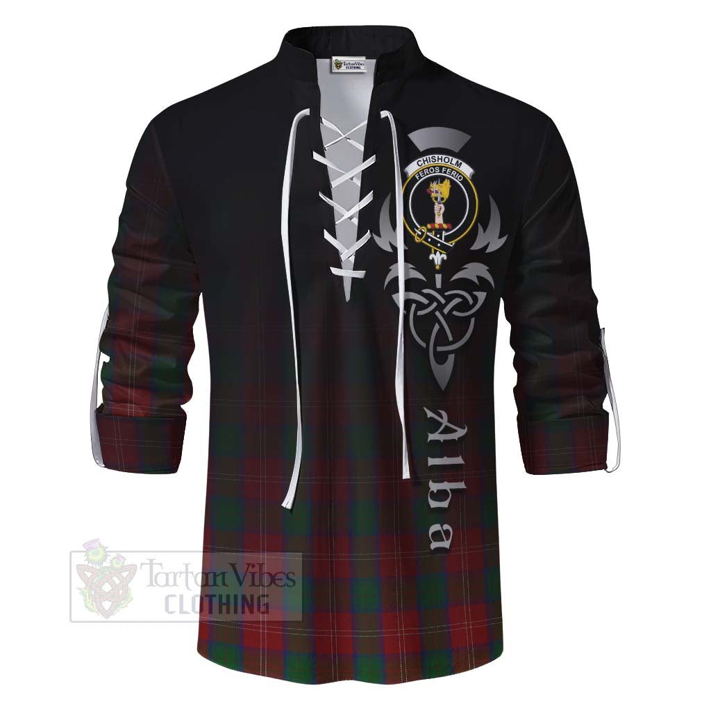 Tartan Vibes Clothing Chisholm Tartan Ghillie Kilt Shirt Featuring Alba Gu Brath Family Crest Celtic Inspired