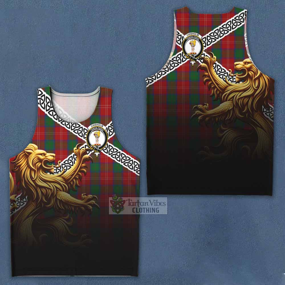 Tartan Vibes Clothing Chisholm Crest Tartan Men's Tank Top with Golden Lion Emblem Celtic Style