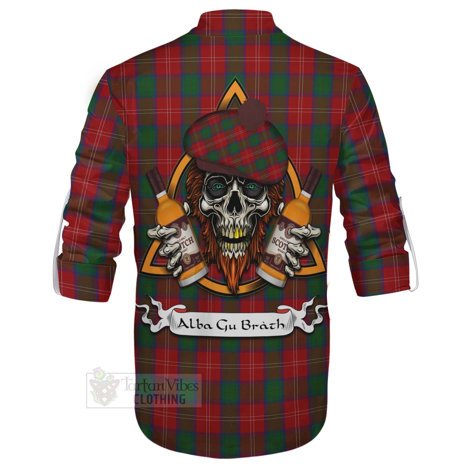 Tartan Vibes Clothing Chisholm Tartan Ghillie Kilt Shirt with Family Crest and Bearded Skull Holding Bottles of Whiskey