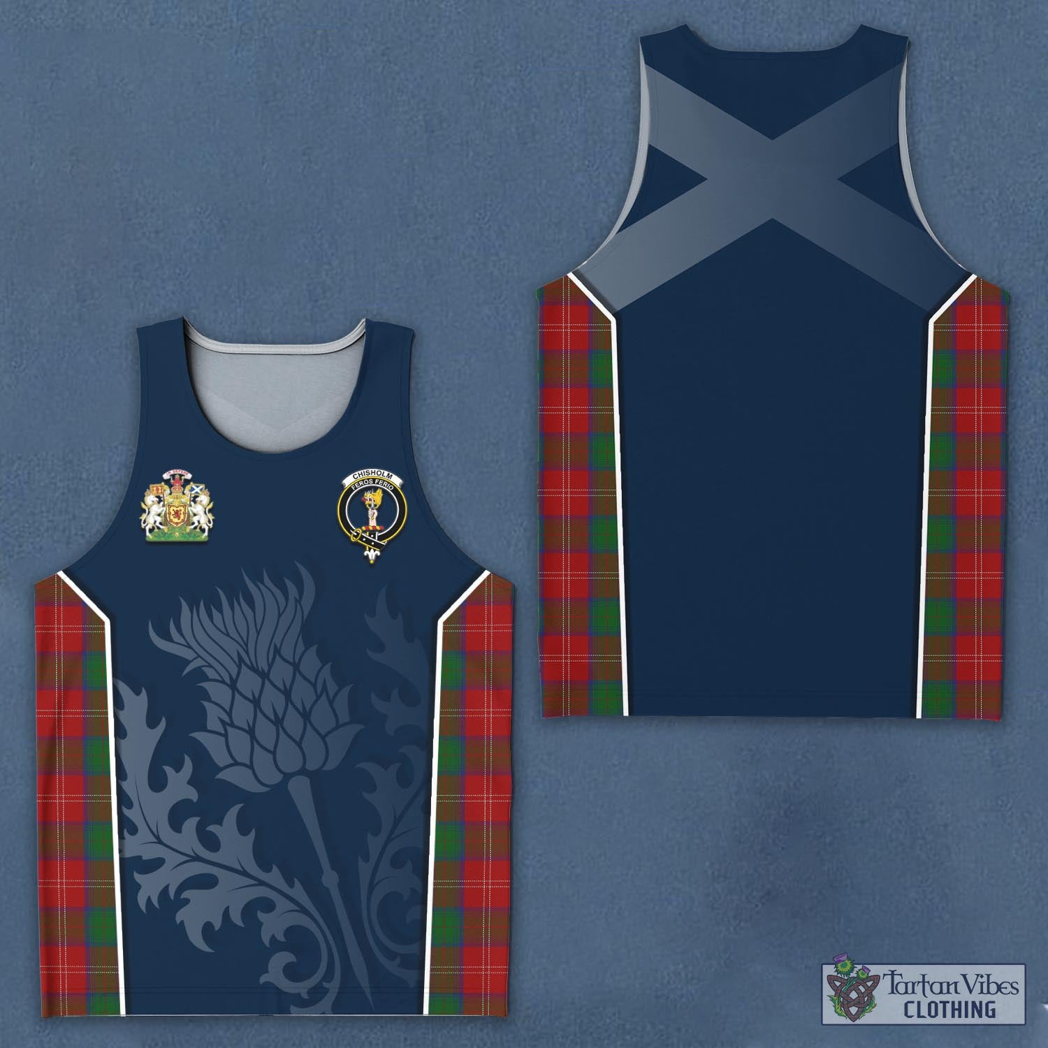 Tartan Vibes Clothing Chisholm Tartan Men's Tanks Top with Family Crest and Scottish Thistle Vibes Sport Style