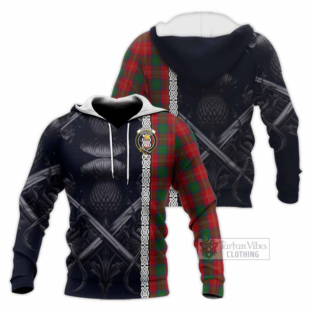 Tartan Vibes Clothing Chisholm Tartan Knitted Hoodie with Family Crest Cross Sword Thistle Celtic Vibes