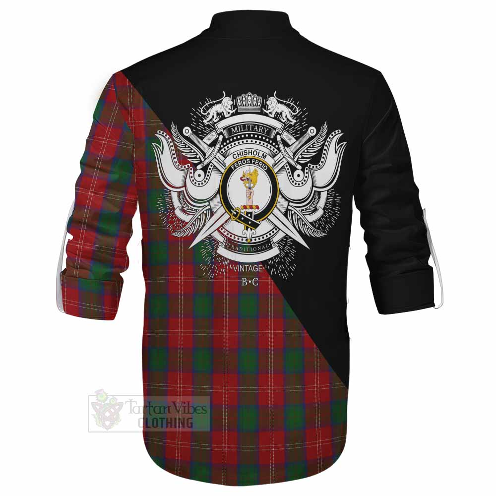 Tartan Vibes Clothing Chisholm Tartan Ghillie Kilt Shirt with Family Crest and Military Logo Style