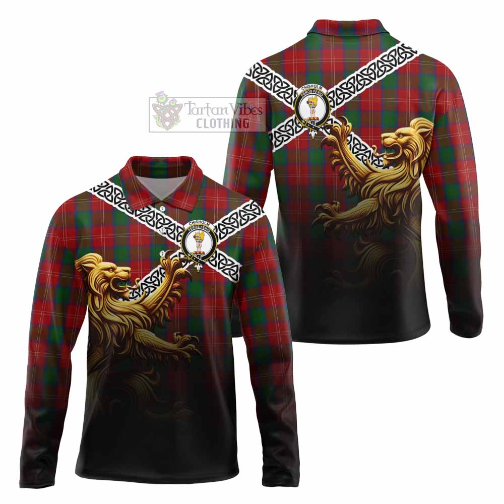 Chisholm Crest Tartan Long Sleeve Polo Shirt with Golden Lion Emblem Celtic Style - Tartan Vibes Clothing