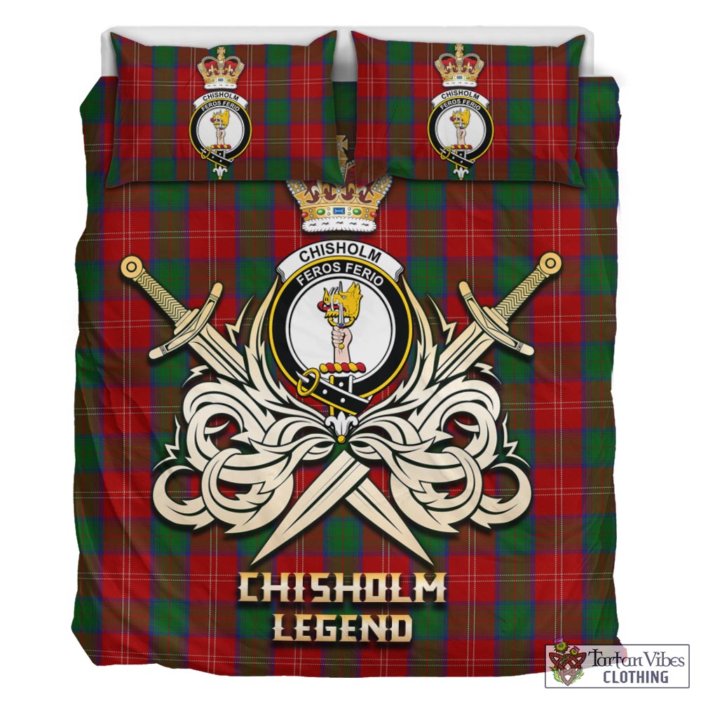 Tartan Vibes Clothing Chisholm Tartan Bedding Set with Clan Crest and the Golden Sword of Courageous Legacy